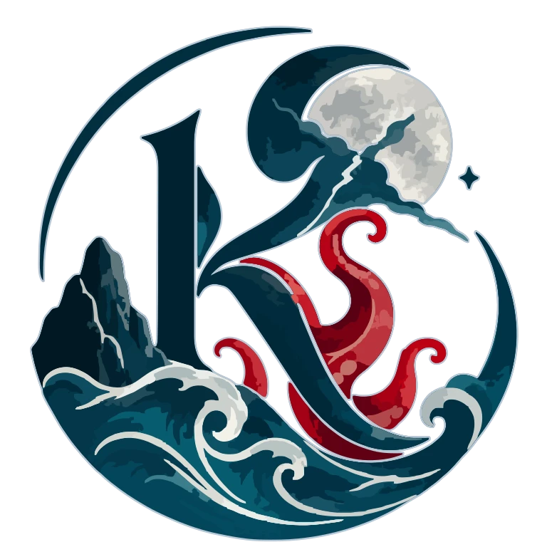 Mi emblema: una K entre olas, roca, luna, tentáculos y un rayo.
